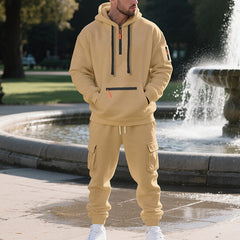 Men's Loose Sports And Leisure Suit Sweater Fleece-lined Hoodie Set Zipper Multi-Pocket Pullover Men's Sports Casual Top Two-piece Set