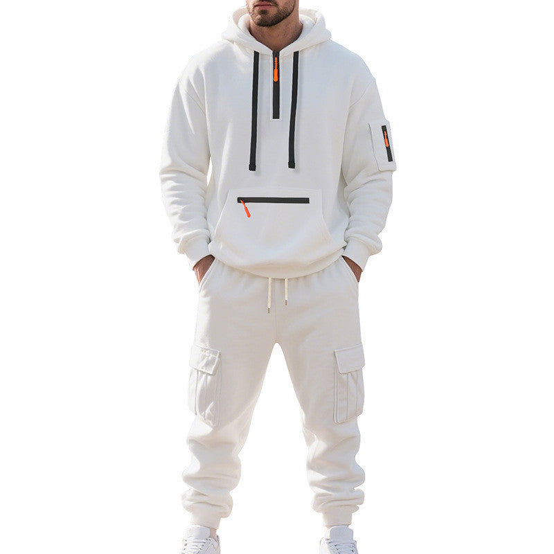 Men's Loose Sports And Leisure Suit Sweater Fleece-lined Hoodie Set Zipper Multi-Pocket Pullover Men's Sports Casual Top Two-piece Set