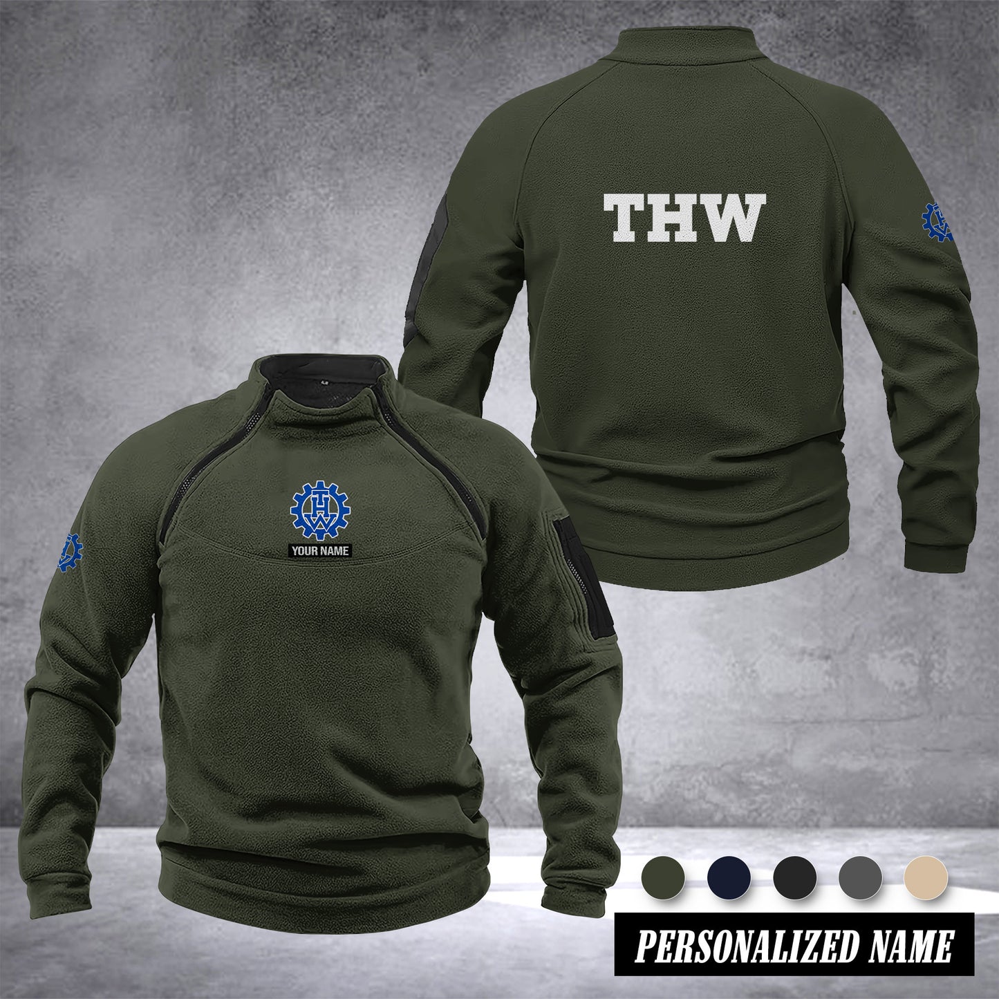 THW Germany Taktischer Herren-Hoodie – Militärischer Outdoor-Pullover mit Reißverschluss, Langarm, Fleecefutter, winddicht und warm