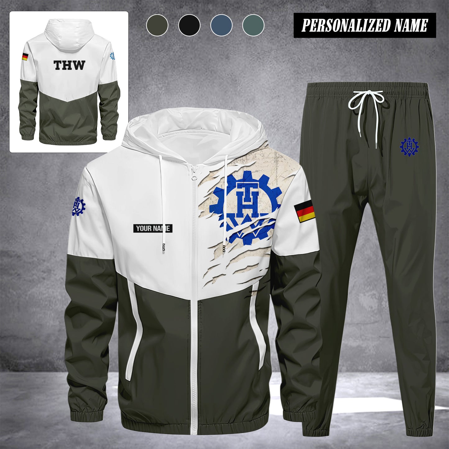 THW Germany Herren Trainingsanzug 2025 – Freizeit Jogginganzug mit Kapuze, Sportjacke & Hose, 2-teiliges Running Set custom department