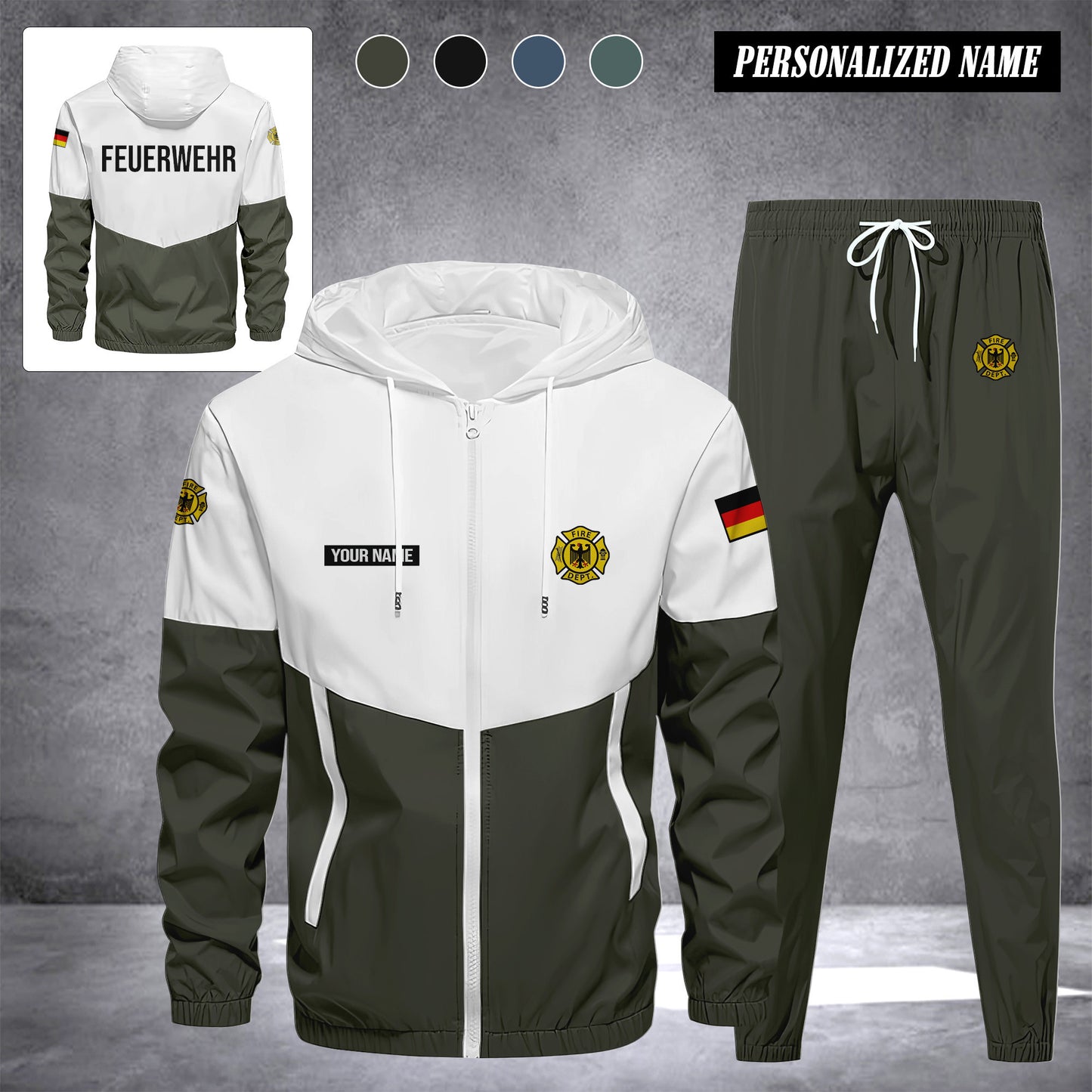 Firefighter Germany Herren Trainingsanzug 2025 – Freizeit Jogginganzug mit Kapuze, Sportjacke & Hose, 2-teiliges Running Set