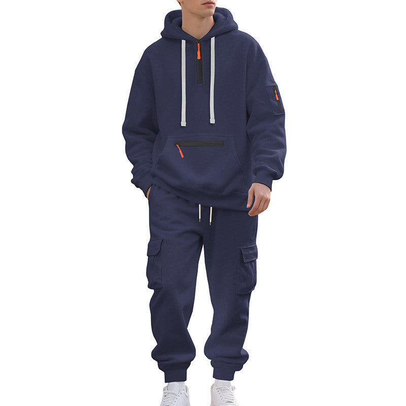 Men's Loose Sports And Leisure Suit Sweater Fleece-lined Hoodie Set Zipper Multi-Pocket Pullover Men's Sports Casual Top Two-piece Set