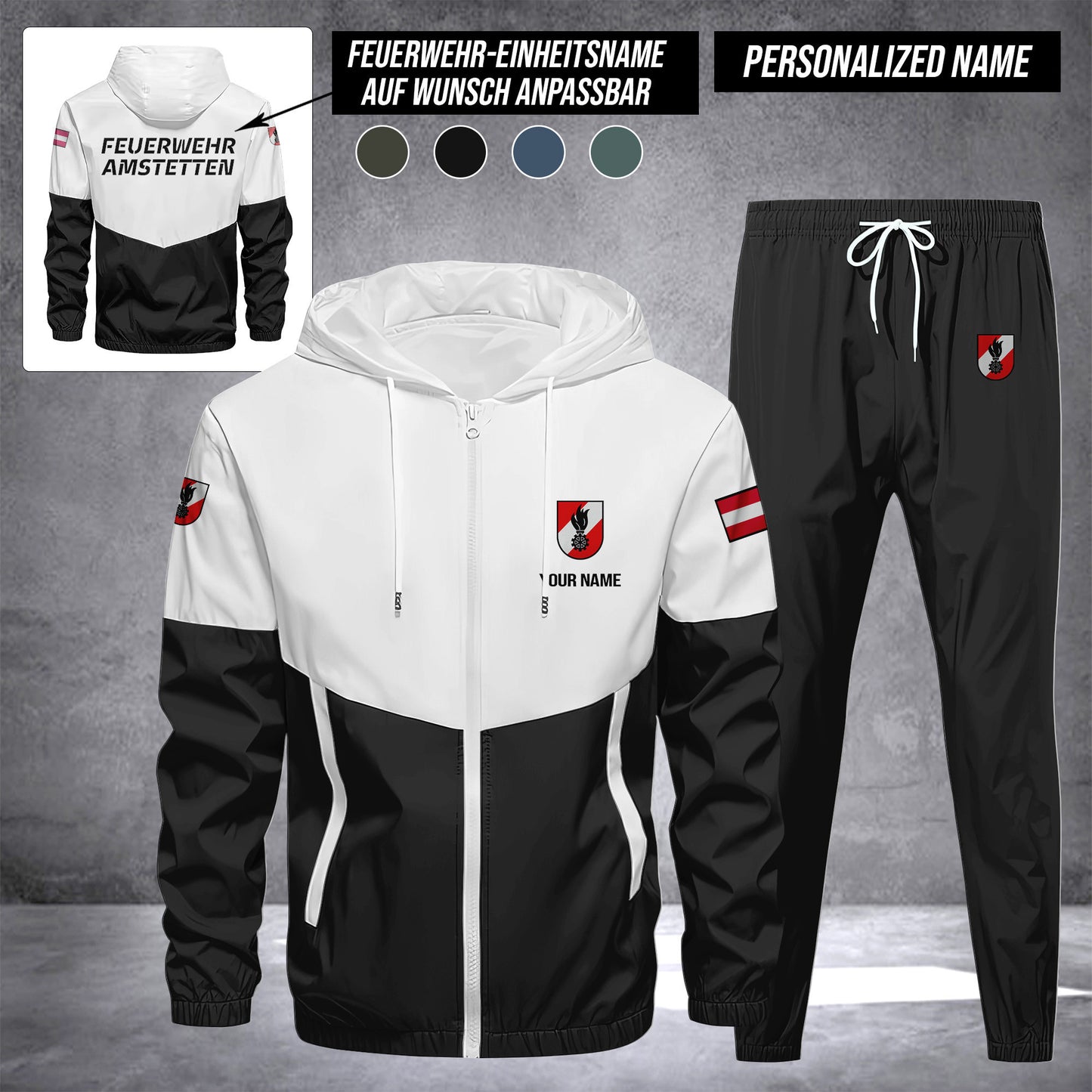 Firefighter Austria Herren Trainingsanzug 2025 – Freizeit Jogginganzug mit Kapuze, Sportjacke & Hose, 2-teiliges Running Set custom department