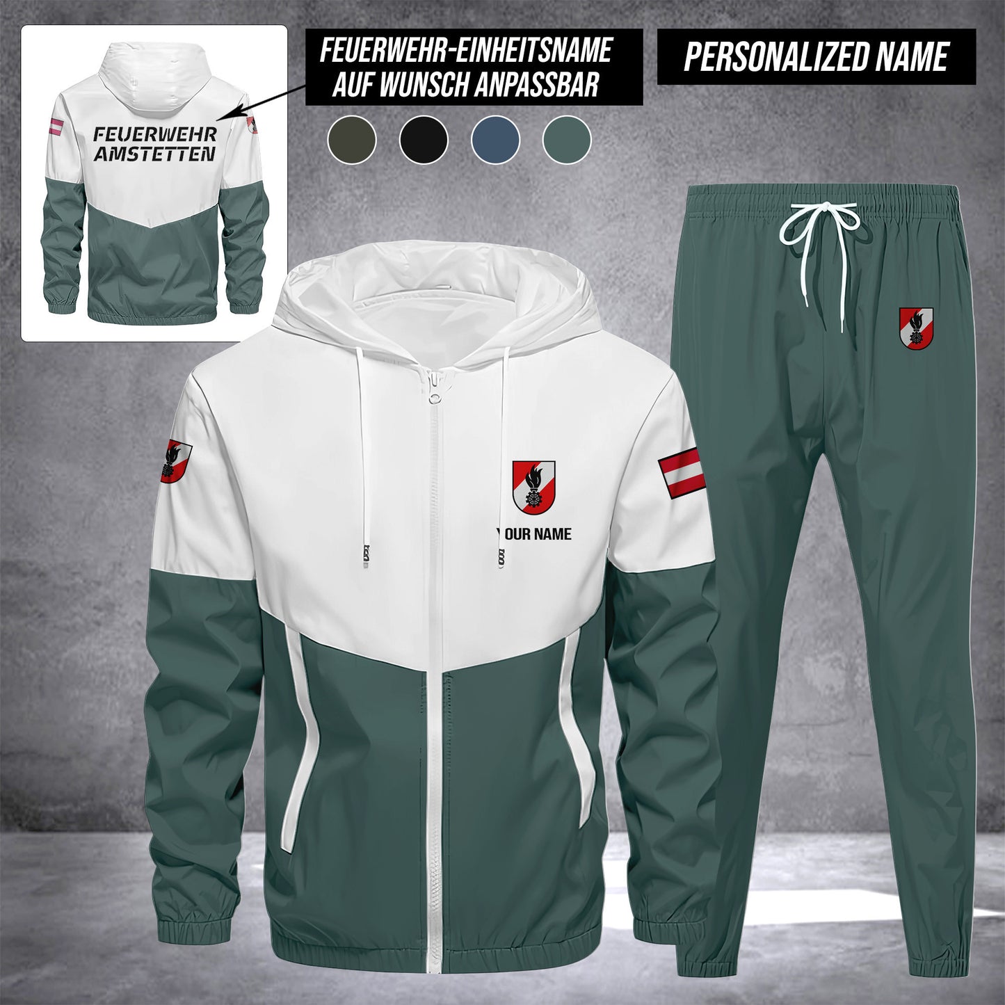 Firefighter Austria Herren Trainingsanzug 2025 – Freizeit Jogginganzug mit Kapuze, Sportjacke & Hose, 2-teiliges Running Set custom department