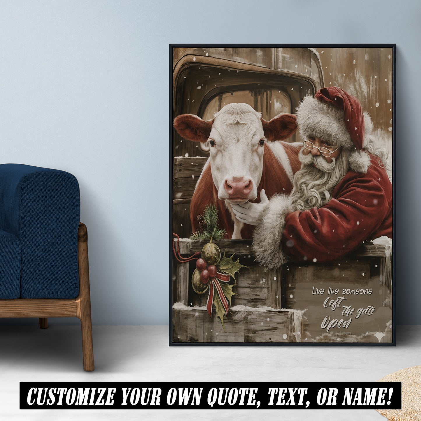 Santa & Hereford Cow Christmas Canvas - Wall Decor