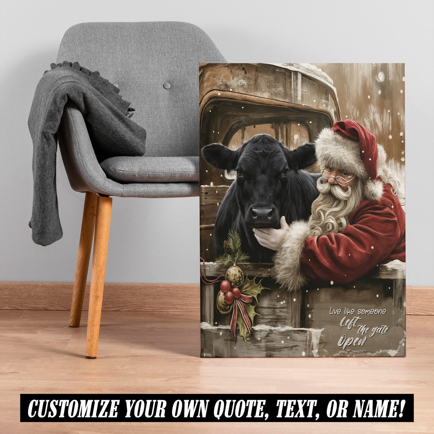 Santa & Angus Cow Christmas Canvas - Wall Decor