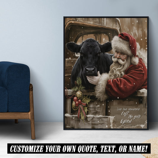 Santa & Angus Cow Christmas Canvas - Wall Decor