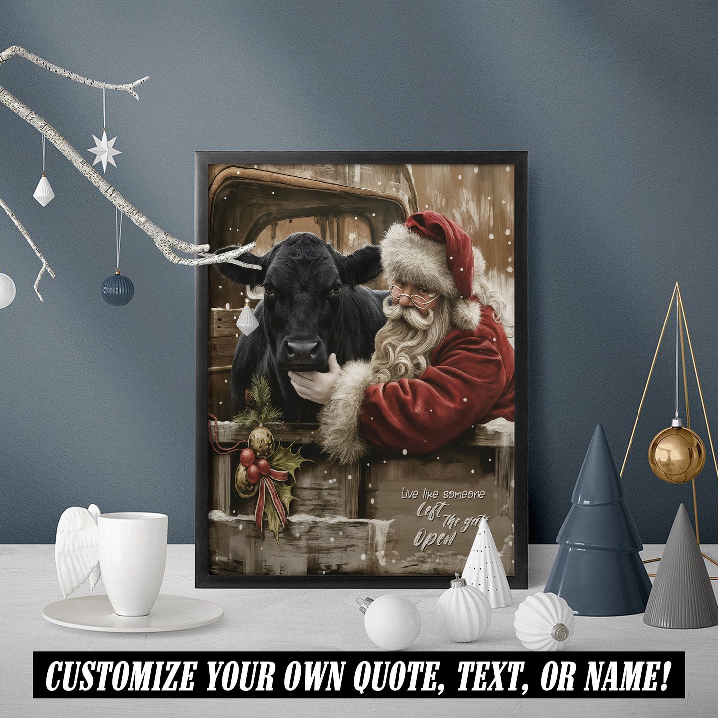 Santa & Angus Cow Christmas Canvas - Wall Decor