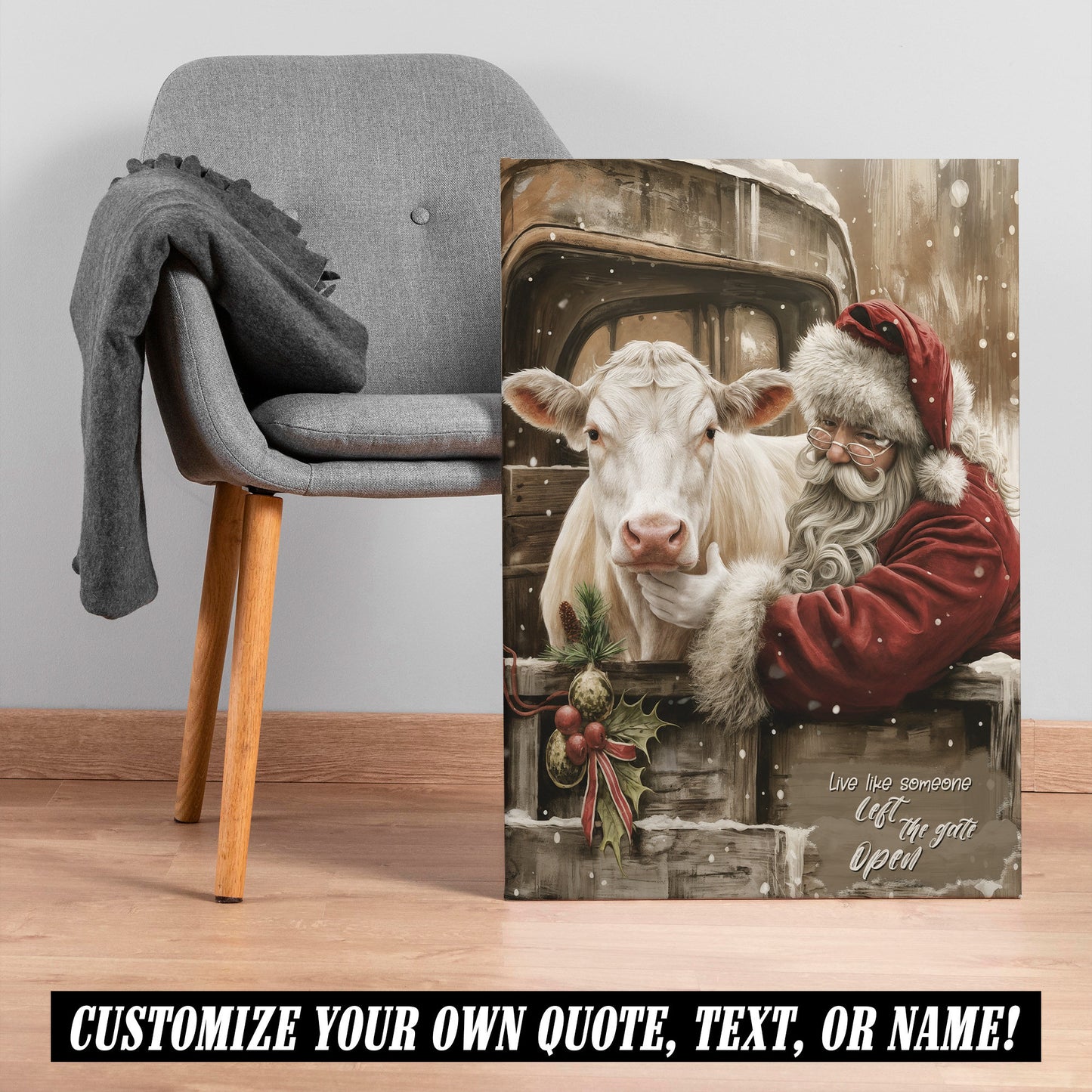 Santa & Charolais Cow Christmas Canvas - Wall Decor