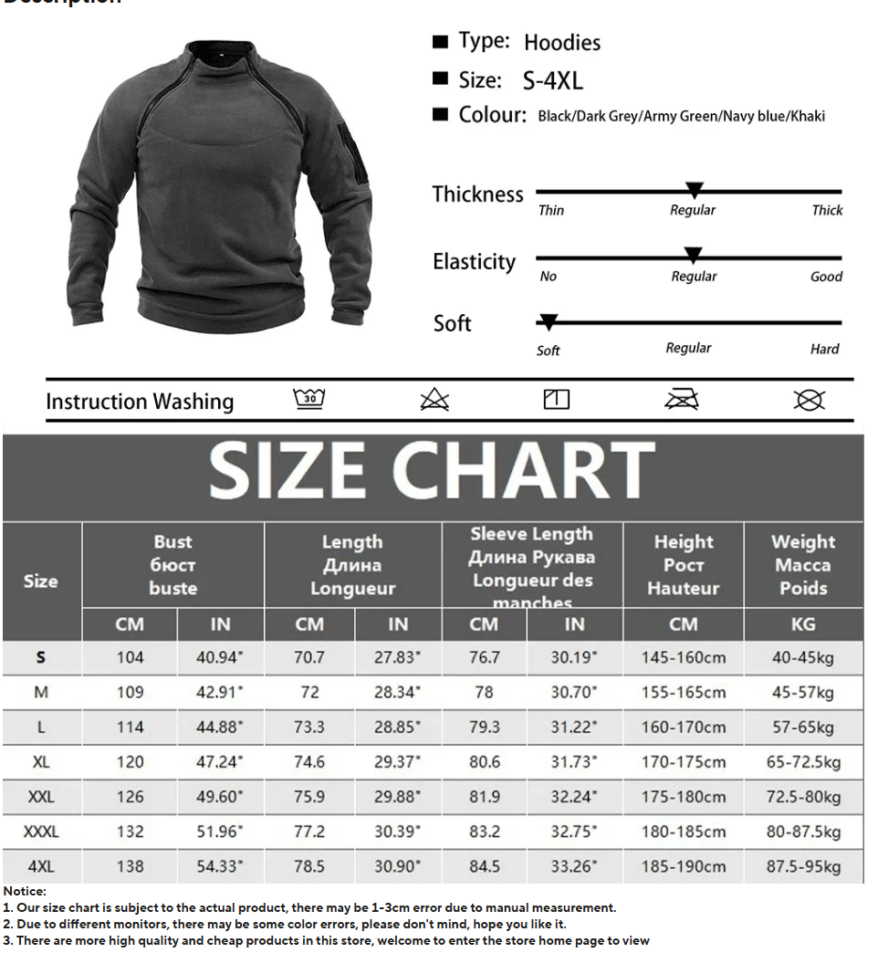 Firefighter Germany Taktischer Herren-Hoodie – Militärischer Outdoor-Pullover mit Reißverschluss, Langarm, Fleecefutter, winddicht und warm