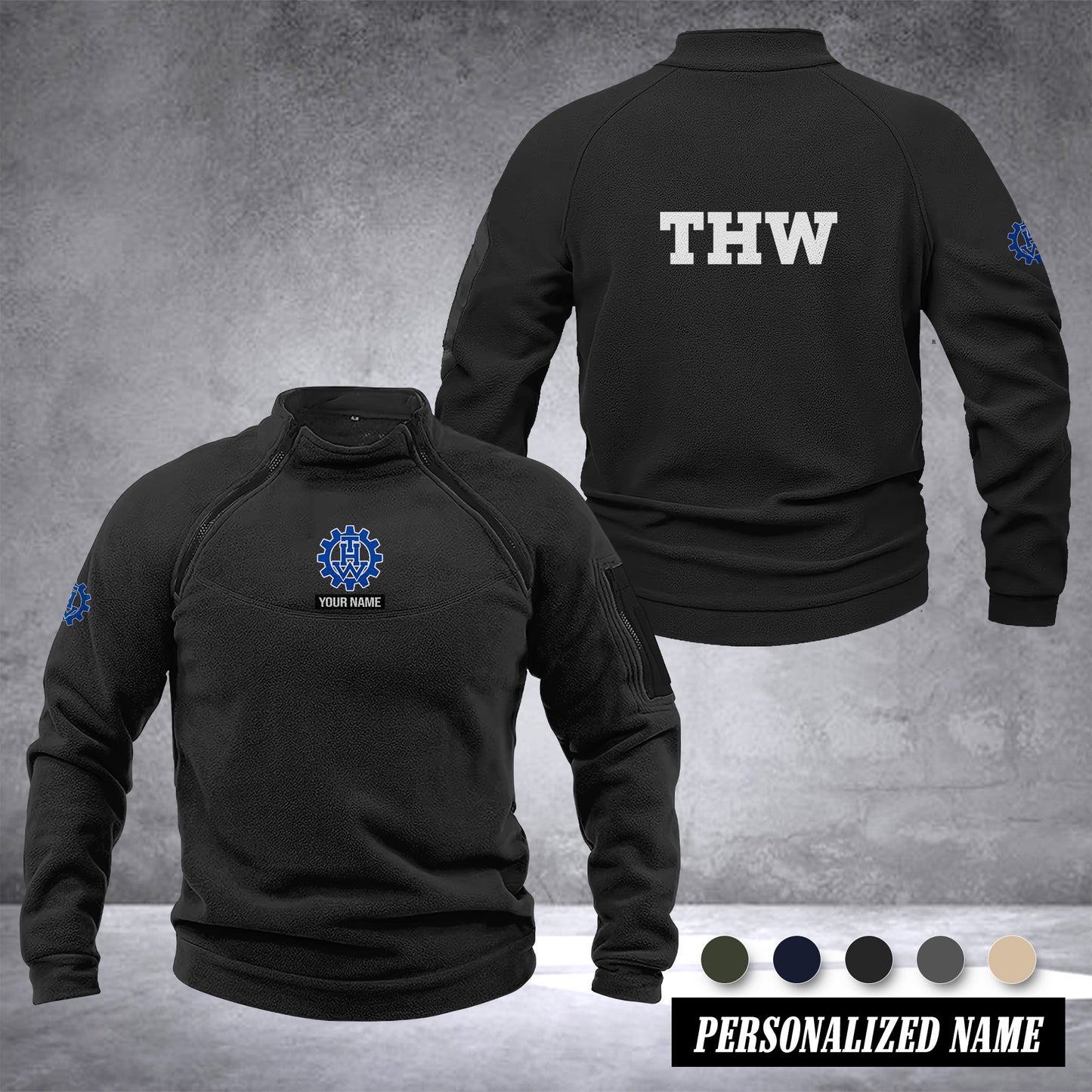 THW Germany Taktischer Herren-Hoodie – Militärischer Outdoor-Pullover mit Reißverschluss, Langarm, Fleecefutter, winddicht und warm