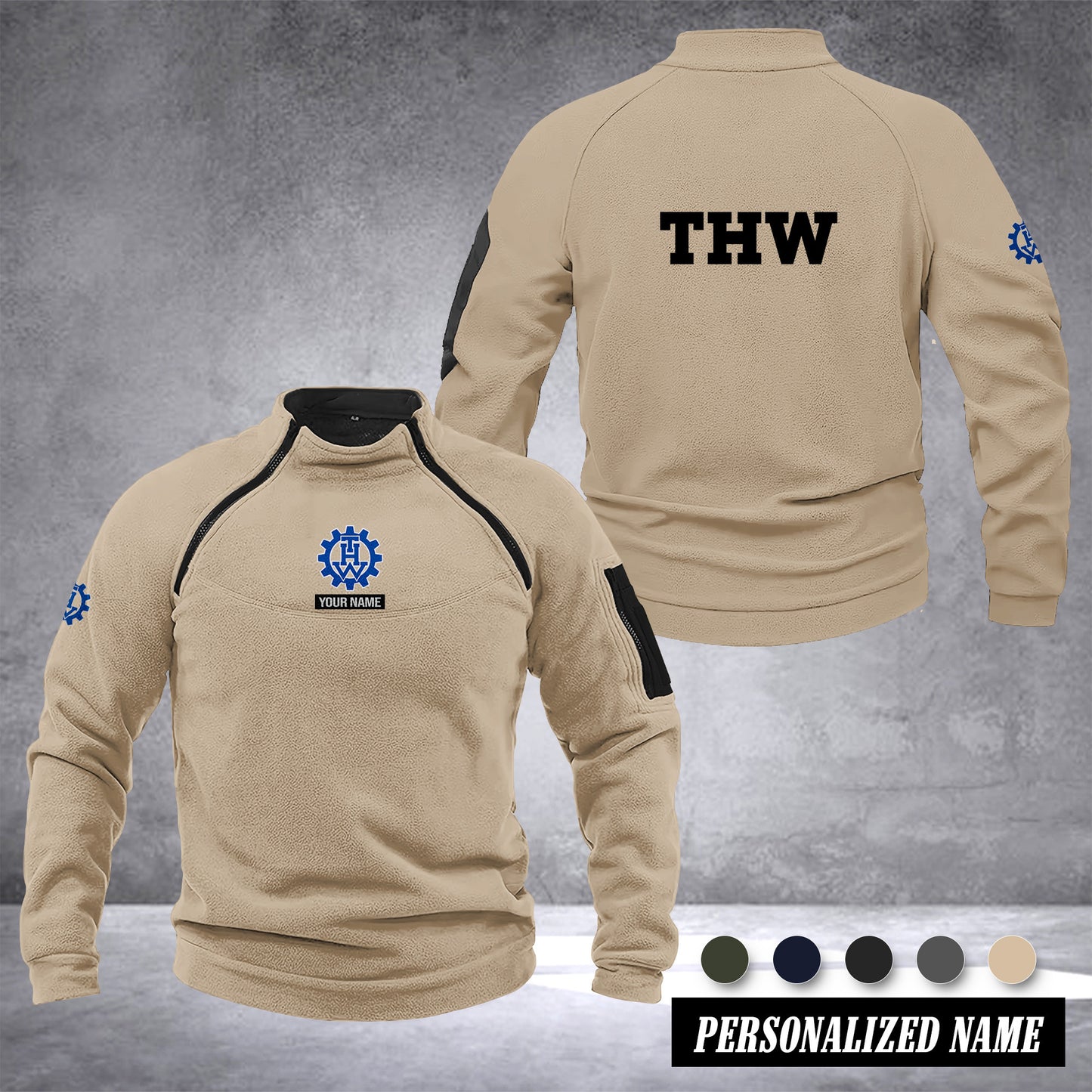 THW Germany Taktischer Herren-Hoodie – Militärischer Outdoor-Pullover mit Reißverschluss, Langarm, Fleecefutter, winddicht und warm