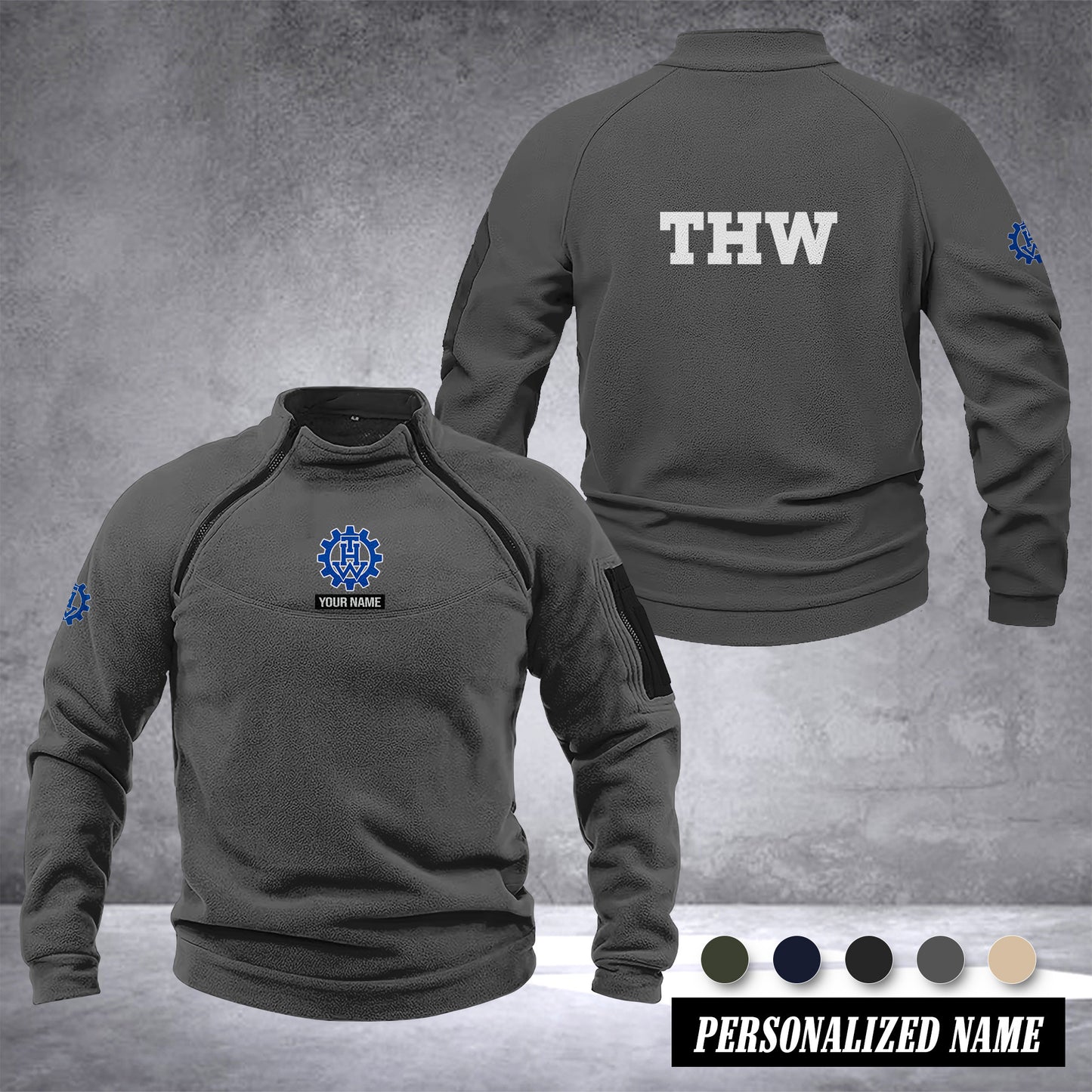 THW Germany Taktischer Herren-Hoodie – Militärischer Outdoor-Pullover mit Reißverschluss, Langarm, Fleecefutter, winddicht und warm