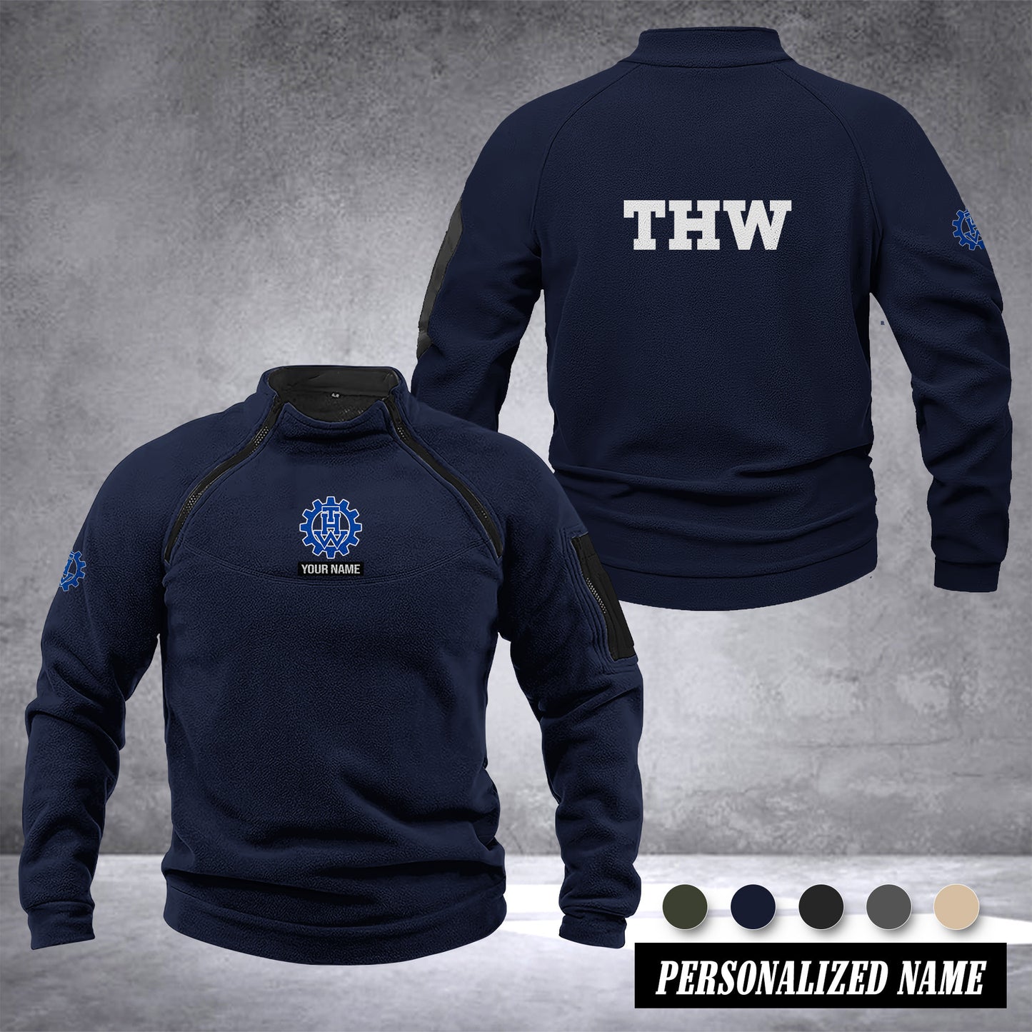 THW Germany Taktischer Herren-Hoodie – Militärischer Outdoor-Pullover mit Reißverschluss, Langarm, Fleecefutter, winddicht und warm