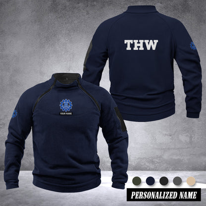 THW Germany Taktischer Herren-Hoodie – Militärischer Outdoor-Pullover mit Reißverschluss, Langarm, Fleecefutter, winddicht und warm