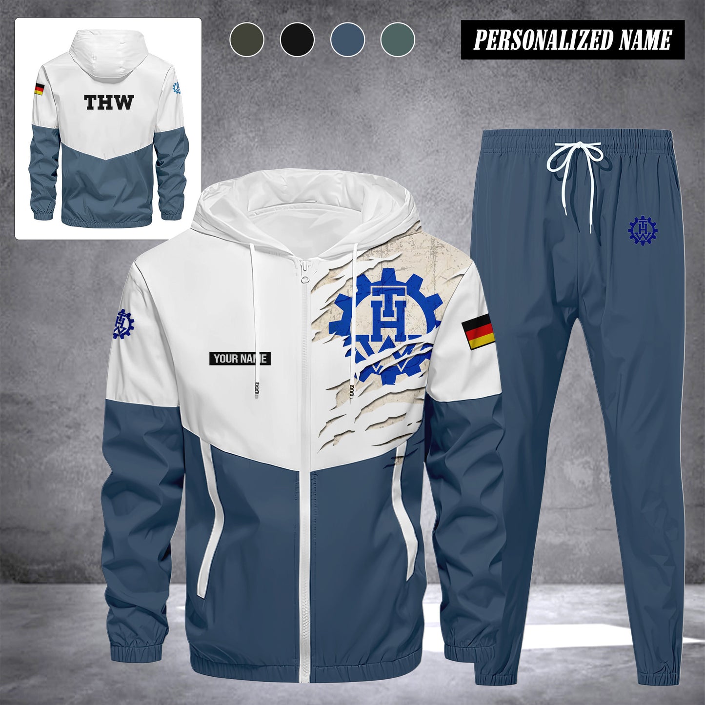 THW Germany Herren Trainingsanzug 2025 – Freizeit Jogginganzug mit Kapuze, Sportjacke & Hose, 2-teiliges Running Set custom department