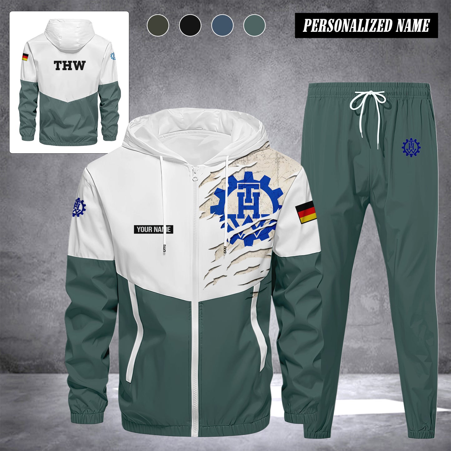THW Germany Herren Trainingsanzug 2025 – Freizeit Jogginganzug mit Kapuze, Sportjacke & Hose, 2-teiliges Running Set custom department