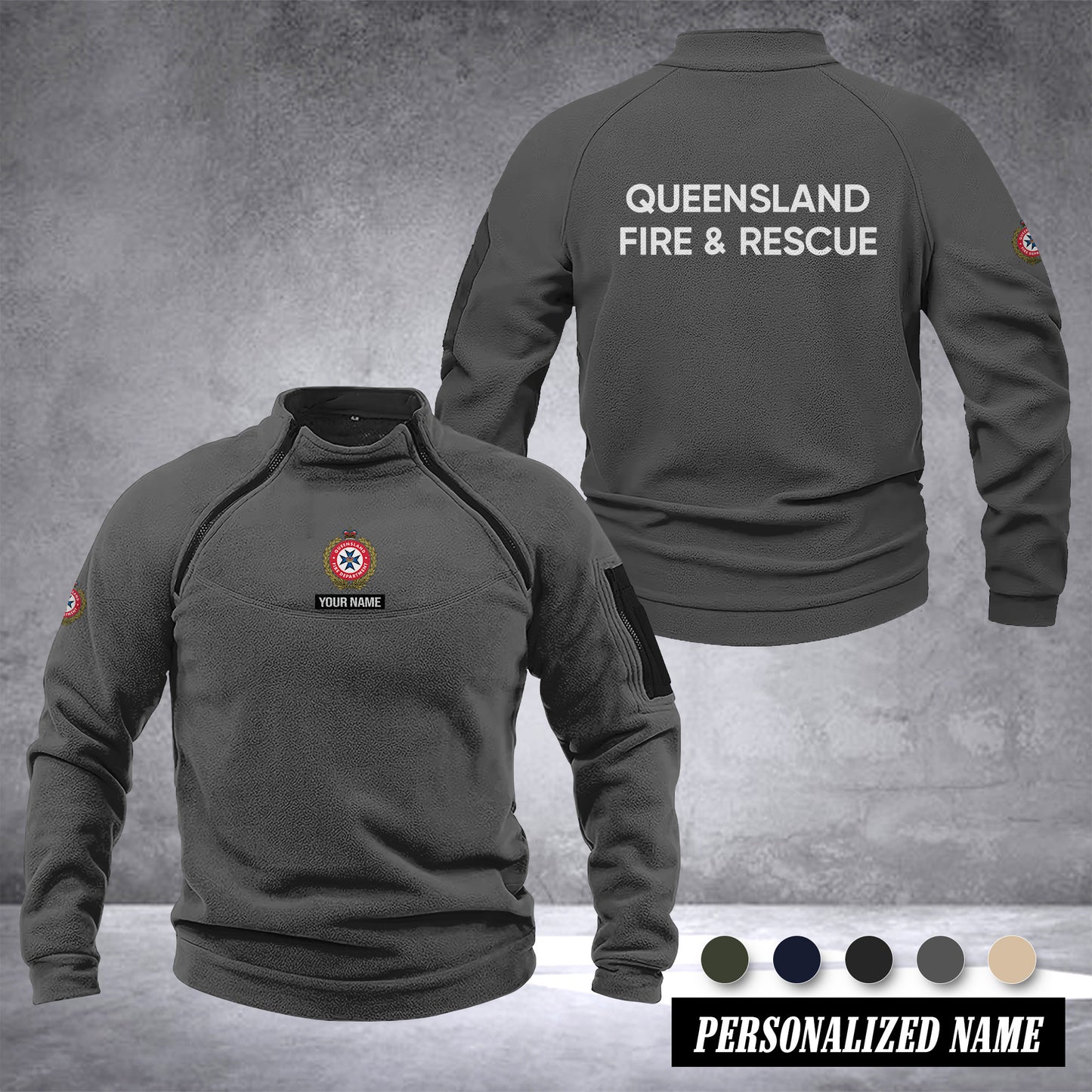 Queensland Fire And Rescue Australia Men’s Tactical Hoodie with Zip – Military Style Outdoor Fleece Pullover, Windproof, Warm & Long Sleeve