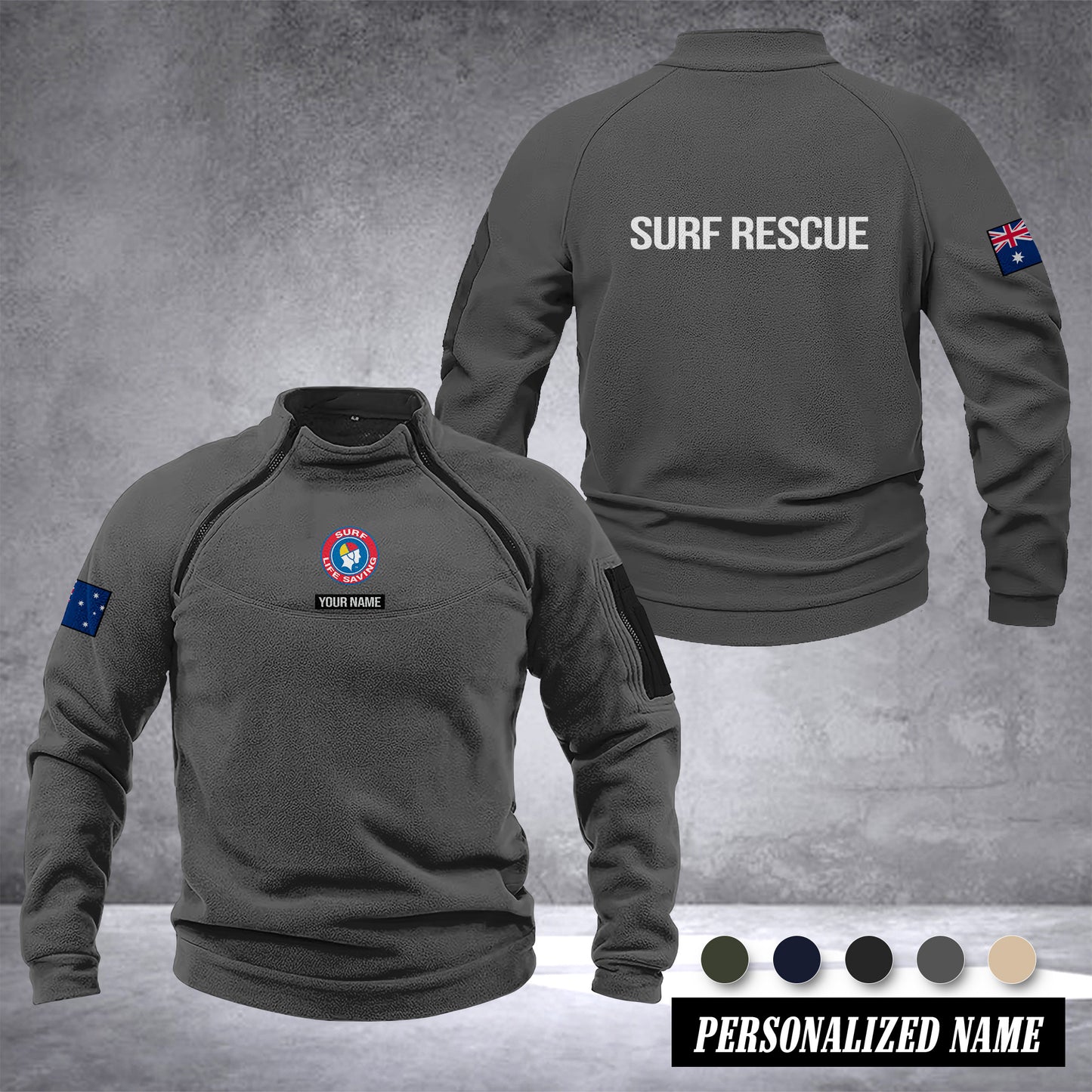 Surf Rescue Australia Men’s Tactical Hoodie with Zip – Military Style Outdoor Fleece Pullover, Windproof, Warm & Long Sleeve